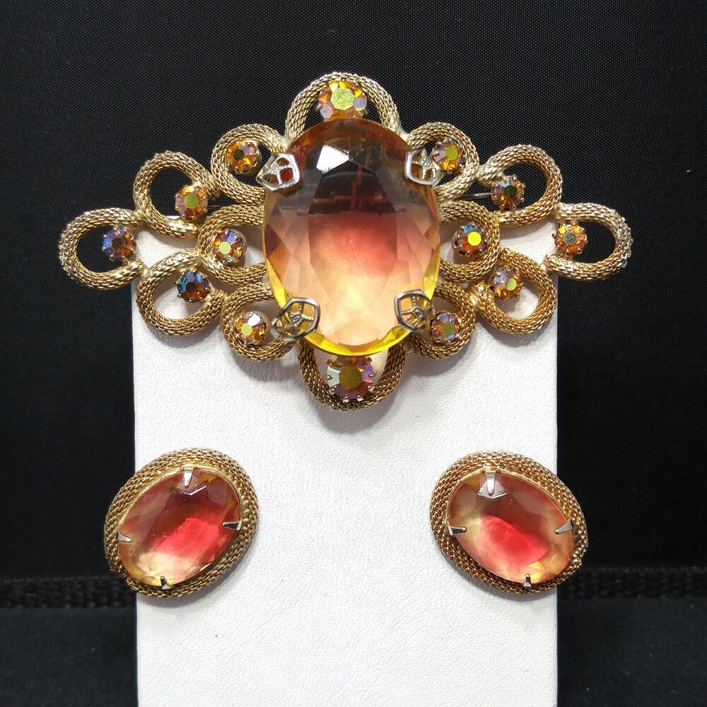 Vintage Gold Pink Large Glass Brooch Earrings Set, Gold Plated, 1960s Vintage